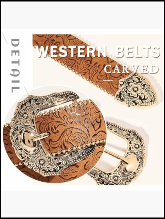 Western Leather Belt with Gold Buckle Vintage Cowboy Style for Jeans main image 5